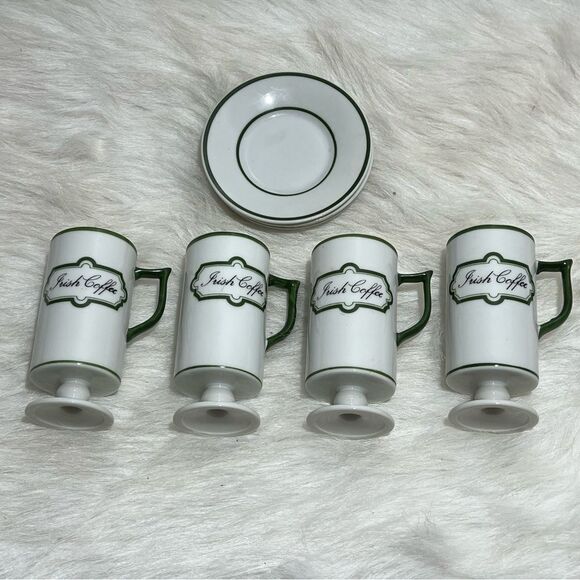 Vintage Knobler Japan White & Green Irish Coffee Mug/Saucer -- Set of 4 - Picture 8 of 9